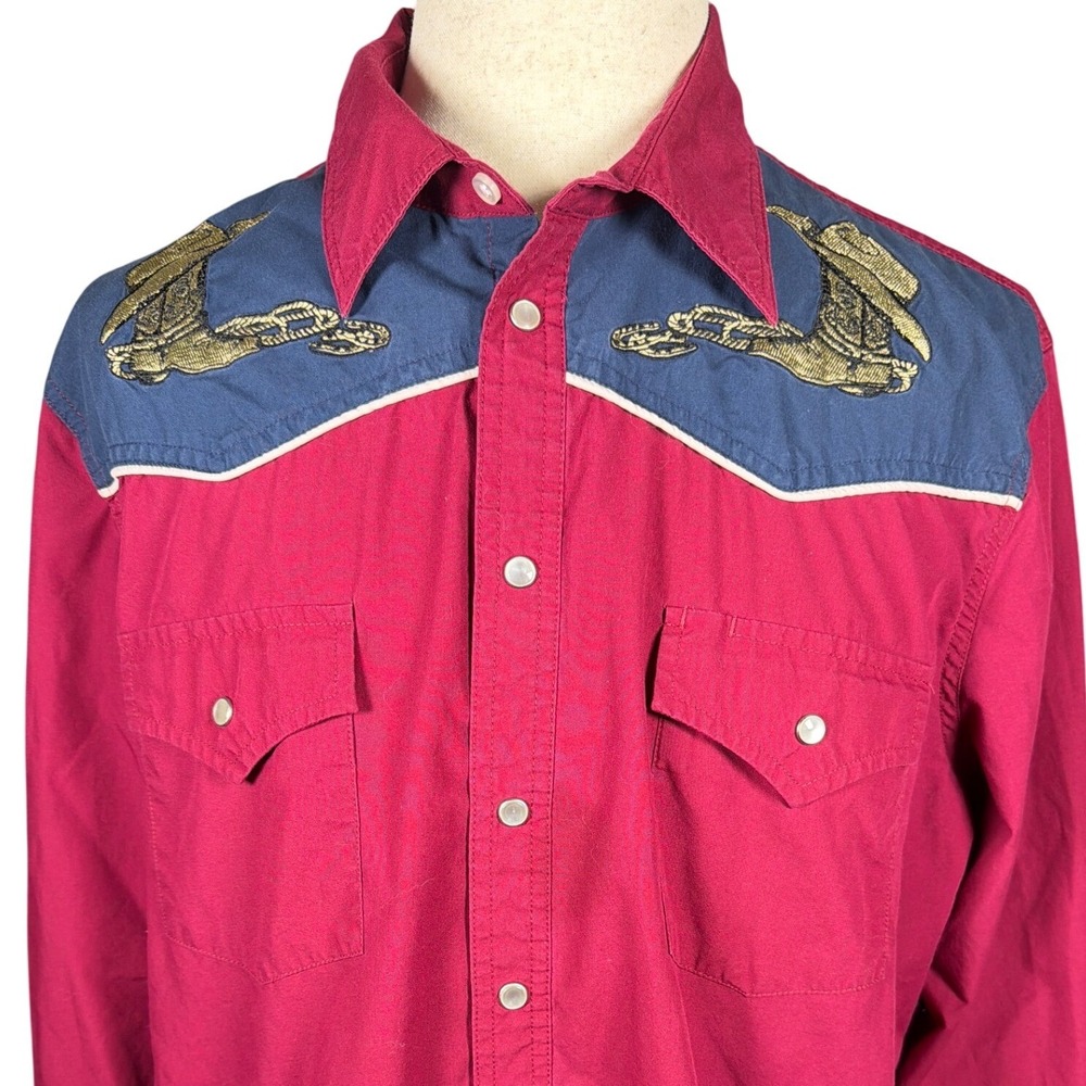 High Noon Mens XL Burgundy Western Pearl Snap Shirt Embroidered Boots Navy Yoke